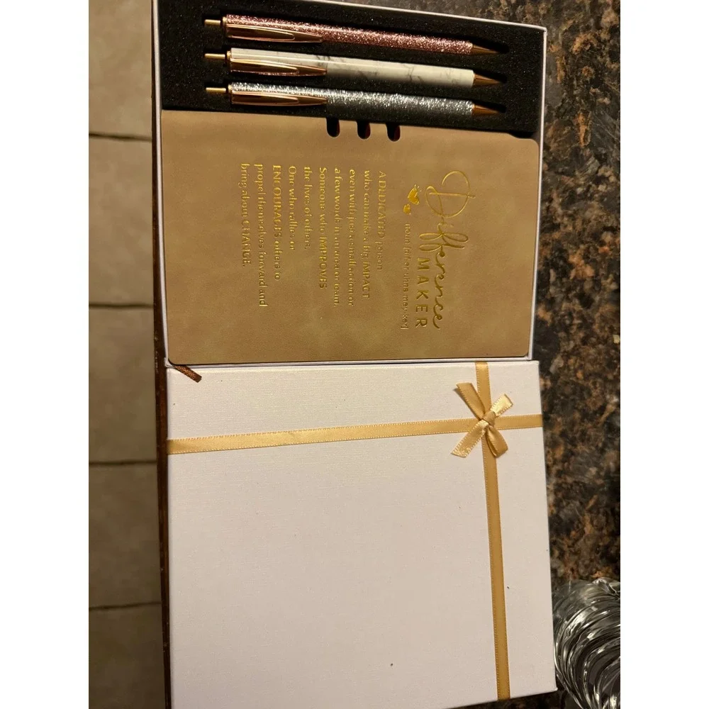 Difference Maker Gift Set‎ Journal and 3 Glitter Marble Pens Gold White Tan Box